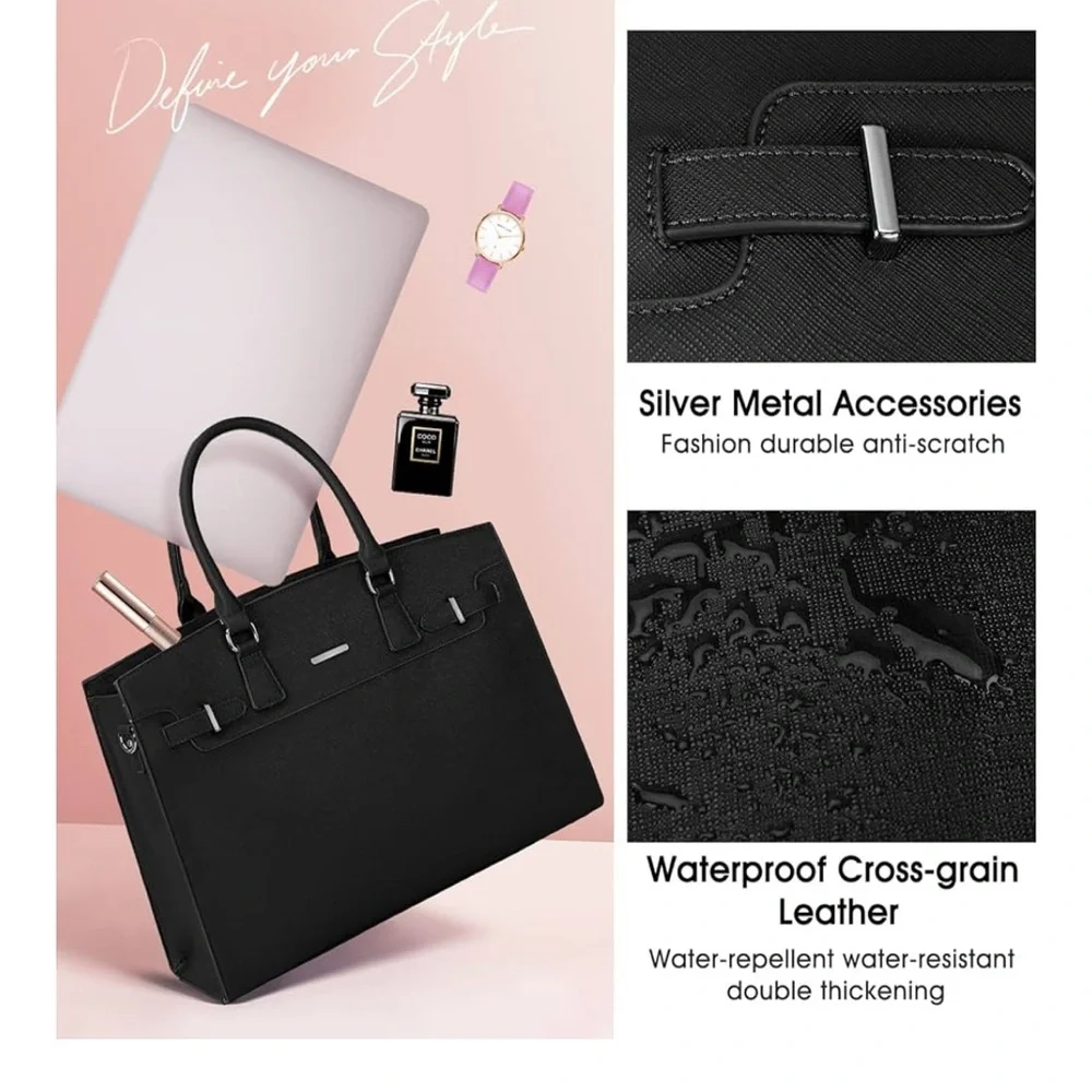 Black Leather Laptop Tote Bag